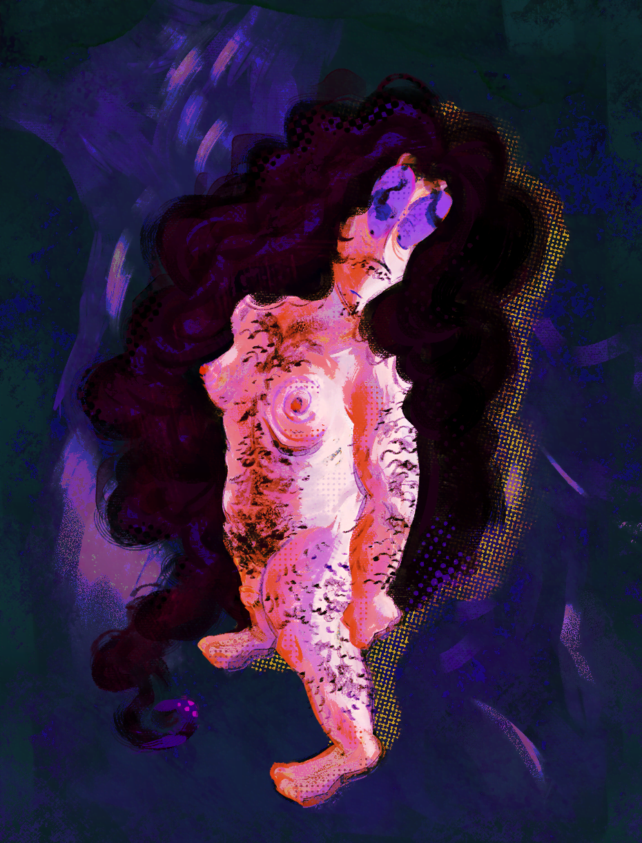 an illustrated digital painting. depicted is an original oc depicted nude, they stare down at the ground. the background is of an abstract form of both female and male nude bodies.