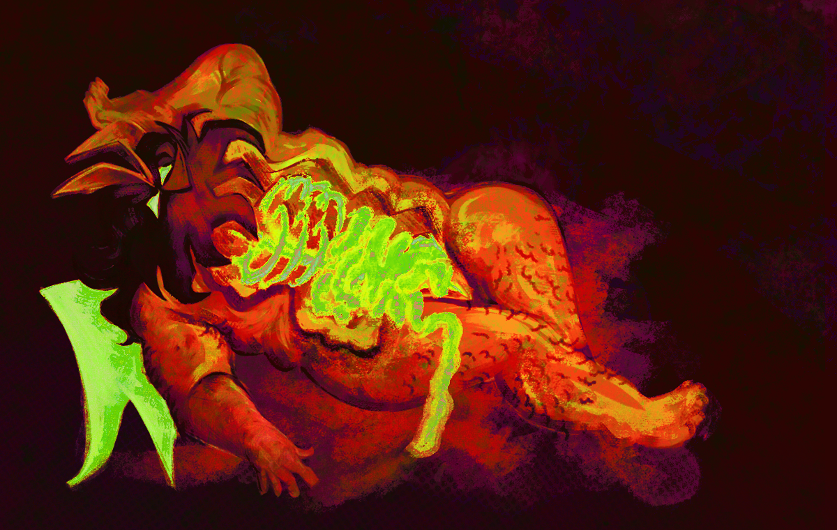 an illustrated digital painting. depicted is anton in his demon/oni form lying on the ground as he bleeds out, he is fully nude however his genitals are not explicitly depicted. on his torso is a large tearing through his body showing off his skeletal ribcage and intestines spilling out from him.