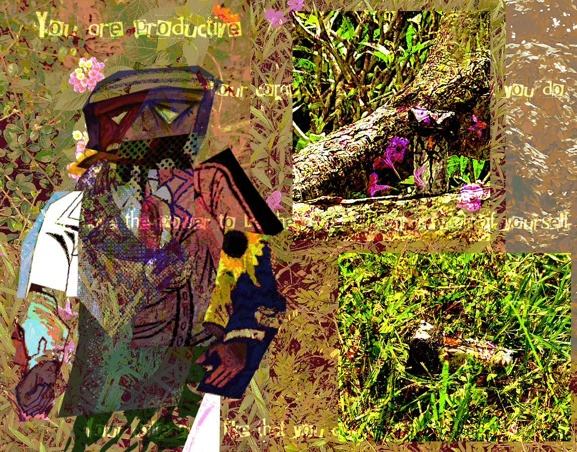 a mixed media collage art piece. depicted is collaged pieces of other digital paintings of thomas saggs on the left side as the main focus. on the right side is two sets of photography of a thomas saggs figurine, one of him laying in grass and the other of thomas sitting on a tree branch. the background is a mix of nature photography and dialouge from the april toons 2024 ottoman event.