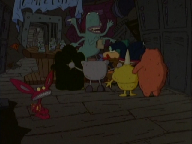 an image screencap of ickis walking down the hall next to some other monster characters