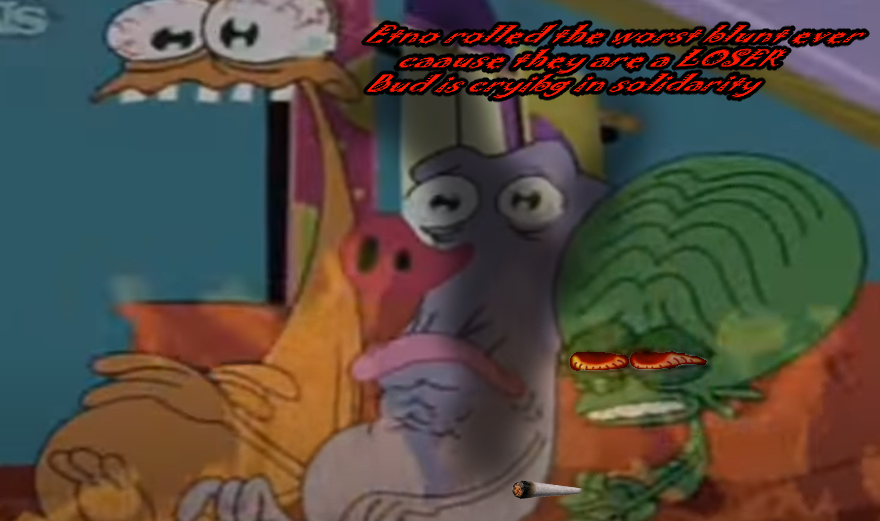 an image screencap edit of the cartoon space goofs characters smoking weed and getting high