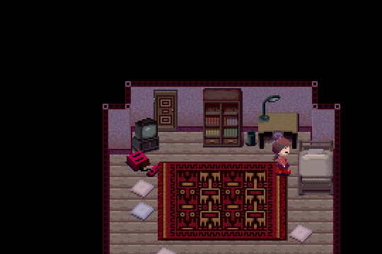 a gif from the game yume nikki where madotsuki goes to bed and enters the dream world